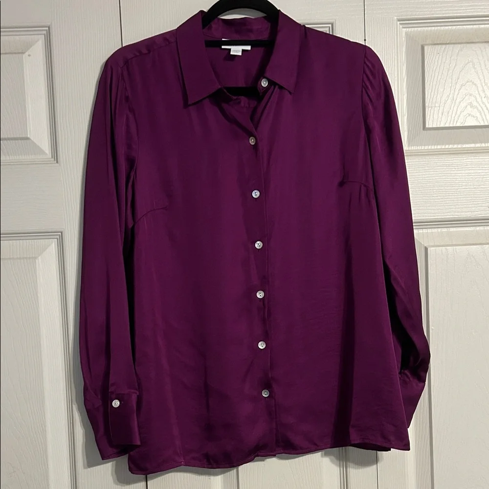 J Jill Womens Small Petite Satin Button Up Shirt Sugarbeet Magenta Blouse Top - Picture 2 of 7
